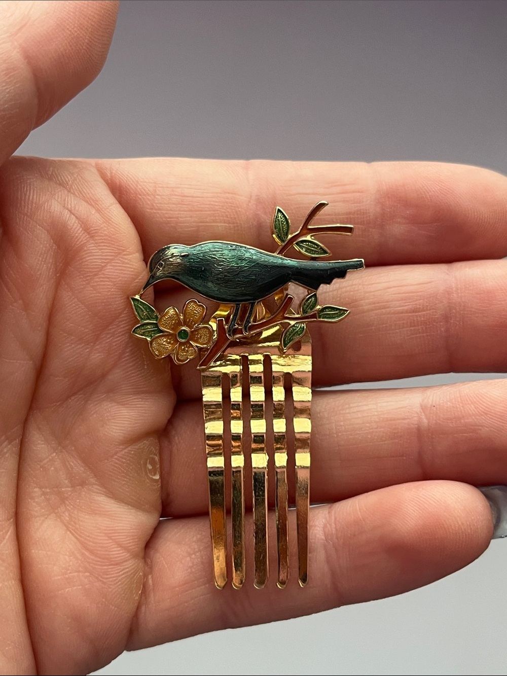 Bird Hair Comb Gold Tone Bluebird Floral Hair Accessory